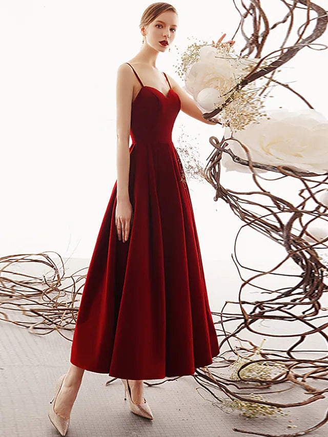 A-Line Prom Dresses Beautiful Back Dress Party Wear Ankle Length Sleeveless Spaghetti Strap Velvet with Sleek