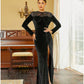 A-Line Evening Gown Black Dress Elegant Dress Formal Fall Sweep / Brush Train Long Sleeve Jewel Neck Velvet with Sequin