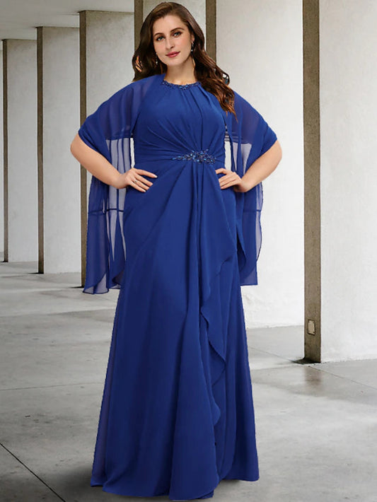 Two Piece A-Line Plus Size Curve Mother of the Bride Dresses Elegant Dress Formal Floor Length Sleeveless Jewel Neck Chiffon with Pleats