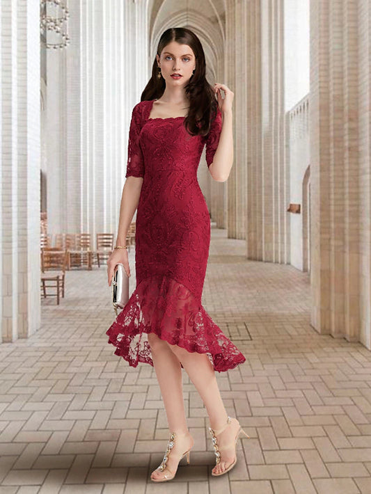 Mermaid / Trumpet Mother of the Bride Dress Vintage Elegant High Low Square Neck Asymmetrical Tea Length Lace Half Sleeve with Ruffles