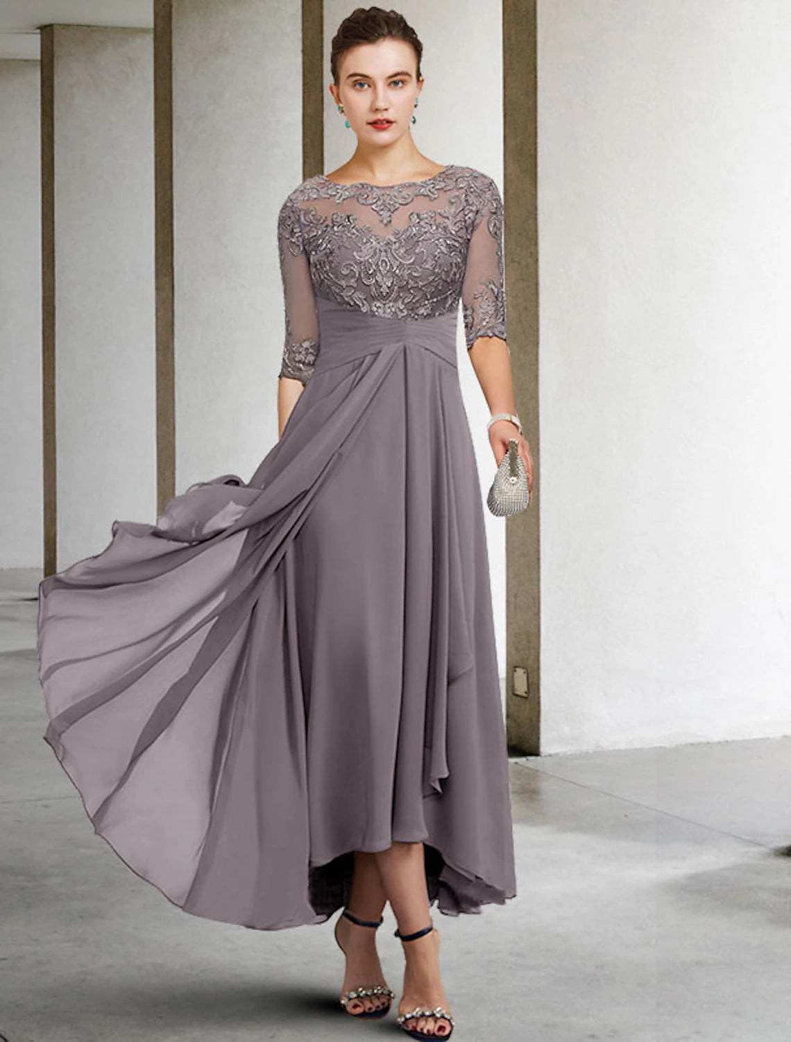 A-Line Mother of the Bride Dress Fall Wedding Guest Dresses Plus Size Elegant High Low V Neck Asymmetrical Ankle Length Chiffon Lace Half Sleeve with Beading