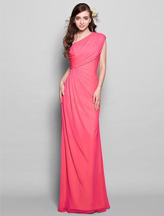 Sheath / Column Bridesmaid Dress One Shoulder Sleeveless Elegant Floor Length Chiffon