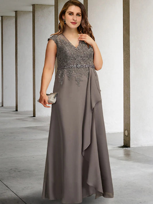 A-Line Plus Size Curve Mother of the Bride Dresses Elegant Dress Formal Floor Length Sleeveless V Neck Chiffon with Beading