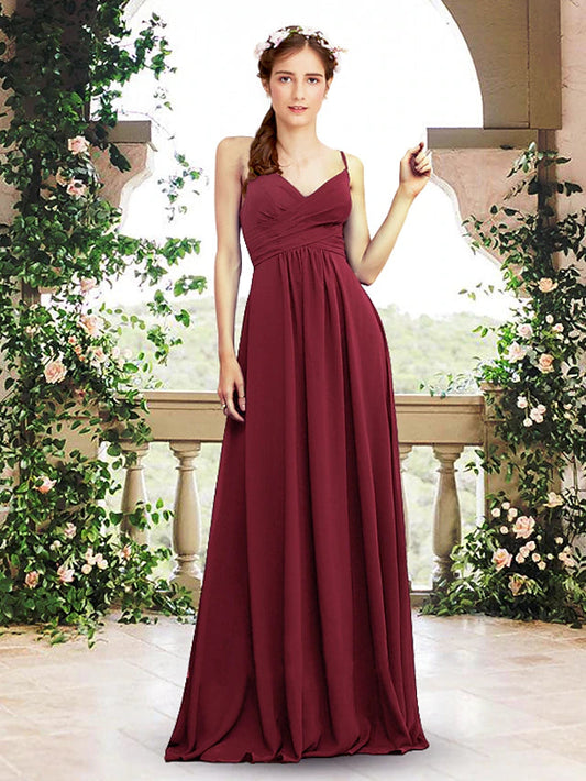 A-Line Bridesmaid Dress V Neck / Spaghetti Strap Sleeveless Elegant Floor Length Chiffon