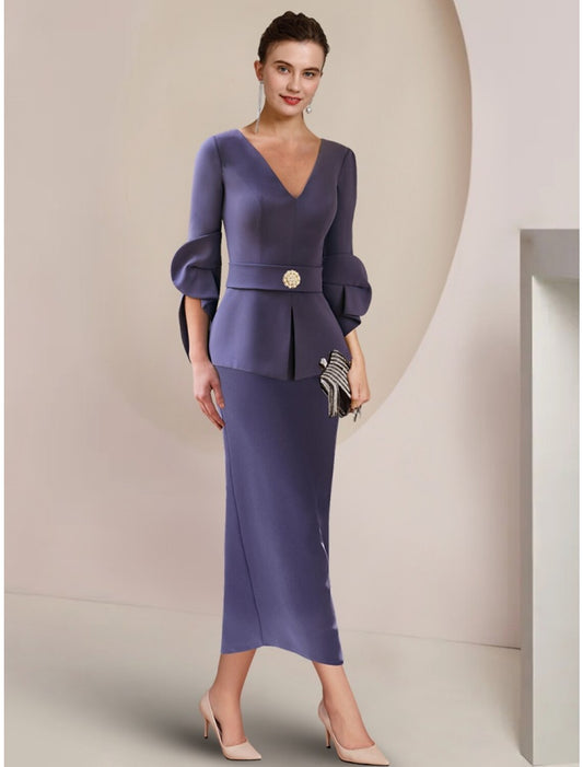 A-Line Mother of the Bride Dress Wedding Guest Elegant V Neck Ankle Length Stretch Fabric Half Sleeve with Crystal