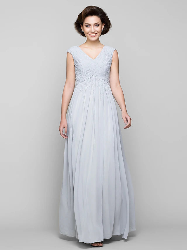 A-Line Mother of the Bride Dress Elegant V Neck Floor Length Chiffon Sleeveless with Criss Cross