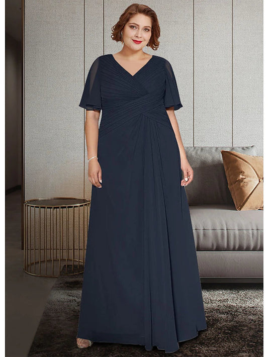 A-Line Mother of the Bride Dress Plus Size Elegant V Neck Ankle Length Chiffon Half Sleeve with Pleats