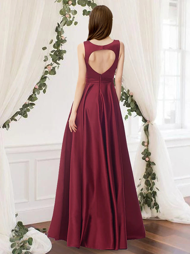 A-Line Bridesmaid Dress Jewel Neck Sleeveless Elegant Floor Length Charmeuse with Pleats Pure Color