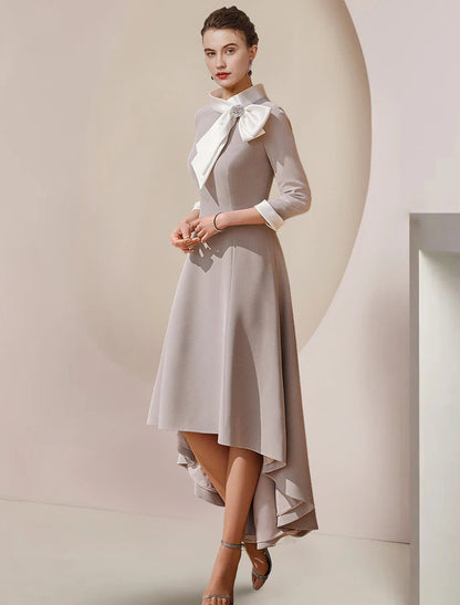 A-Line Mother of the Bride Dress Formal Wedding Guest Party Elegant High Neck Asymmetrical Tea Length Satin 3/4 Length Sleeve with Bow(s) Crystal