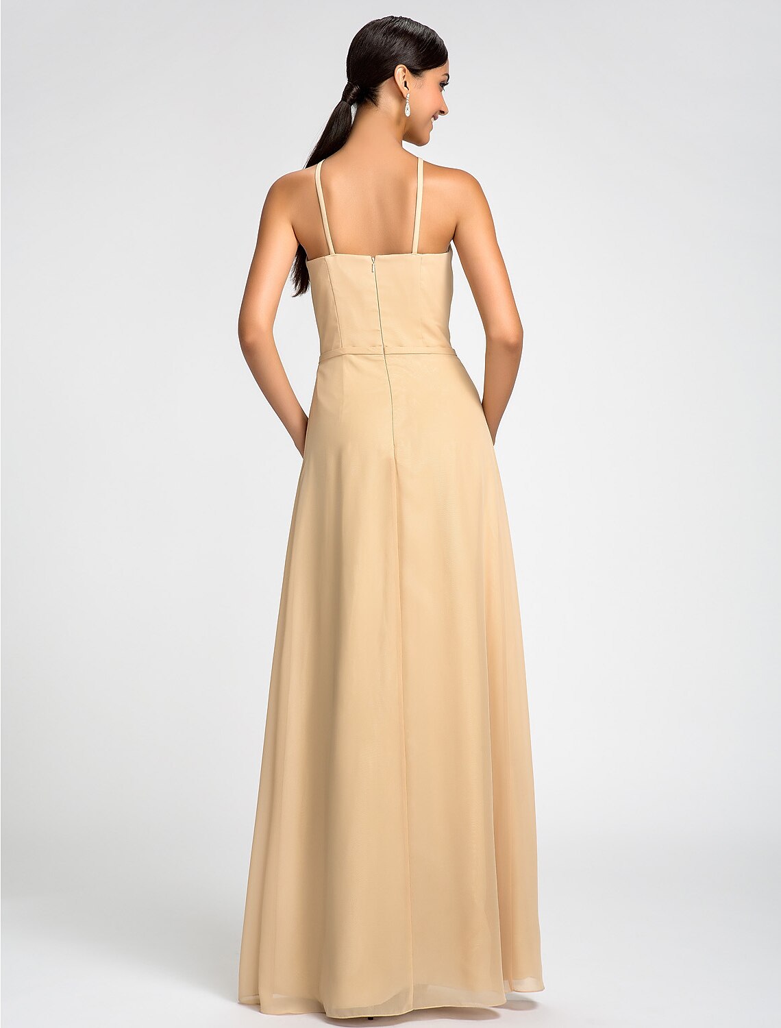 Sheath High Neck Floor Length Chiffon Bridesmaid Dress with Draping