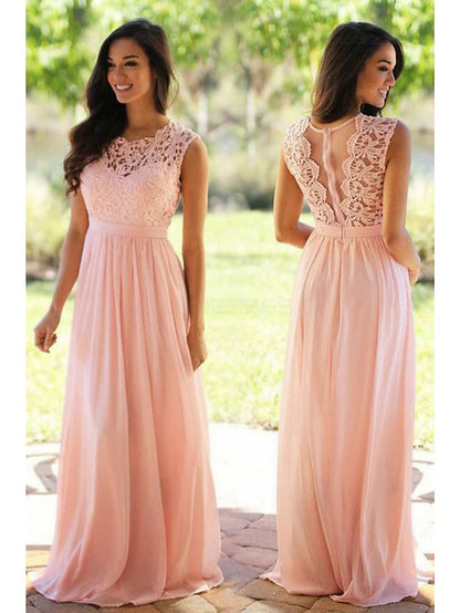 A-Line Bridesmaid Dress Jewel Neck Sleeveless Elegant Floor Length Chiffon / Lace with Sash / Ribbon