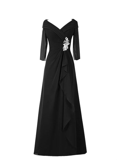 A-Line Minimalist Elegant Wedding Guest Formal Evening Dress V Neck Half Sleeve Floor Length Chiffon with Draping