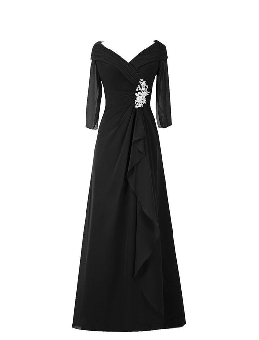 A-Line Minimalist Elegant Wedding Guest Formal Evening Dress V Neck Half Sleeve Floor Length Chiffon with Draping