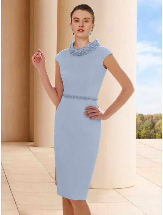 Two Piece Sheath / Column Mother of the Bride Dress Wedding Guest Elegant Petite Scoop Neck Knee Length Satin 3/4 Length Sleeve with Feather