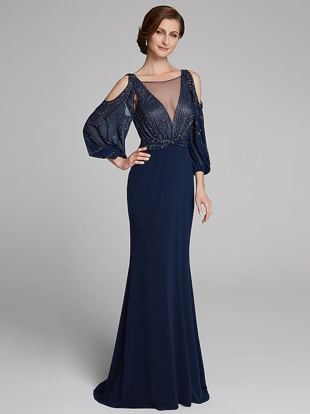 Sheath / Column Mother of the Bride Dress Sparkle & Shine Boat Neck Floor Length Chiffon Jersey Long Sleeve No with Beading