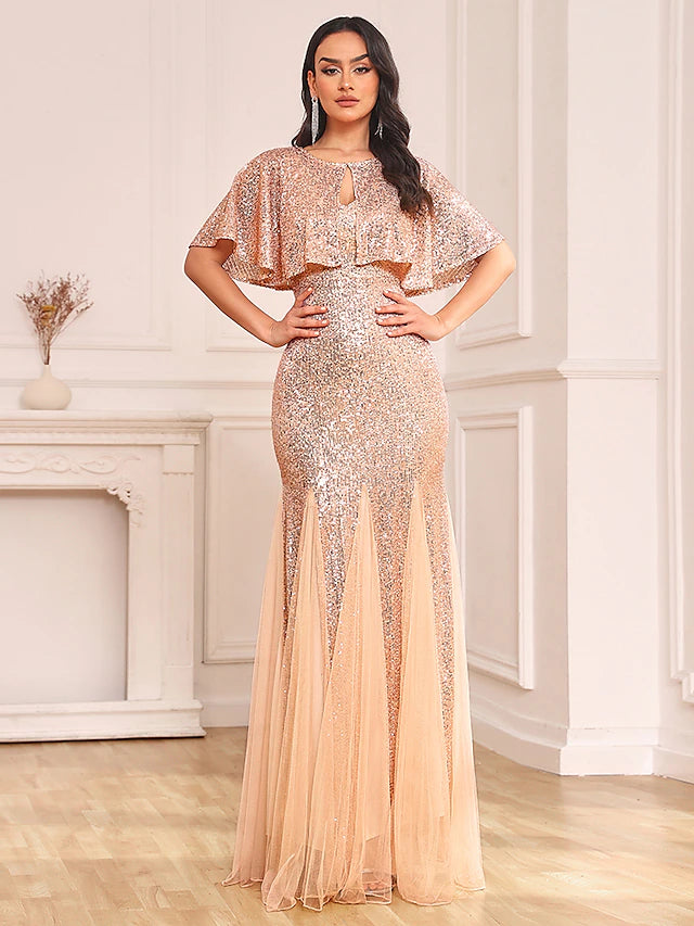Two Piece Mermaid / Trumpet Party Dresses Sparkle & Shine Dress Prom Floor Length Sleeveless V Neck Capes Tulle V Back with Sequin