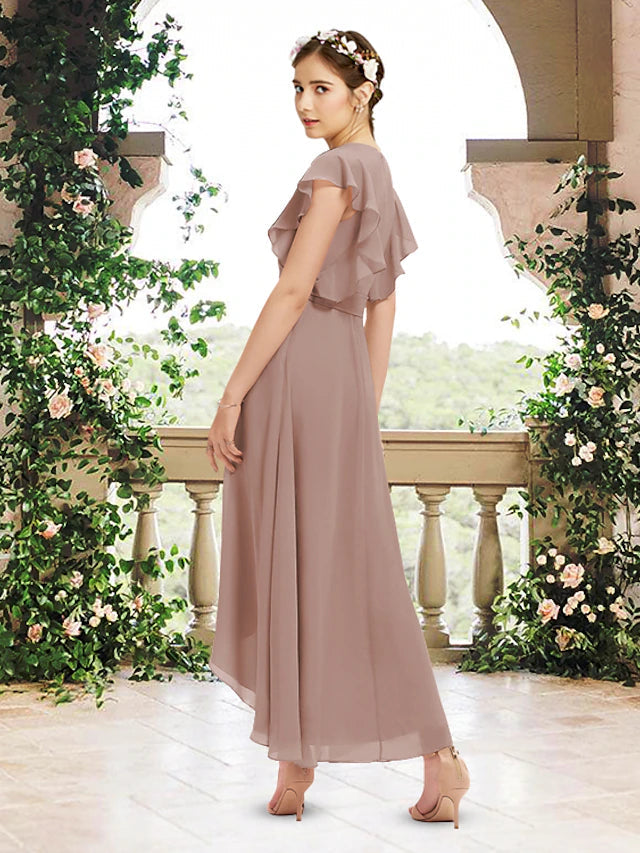 A-Line Bridesmaid Dress V Neck Short Sleeve Elegant Asymmetrical / Ankle Length Chiffon with Sash / Ribbon