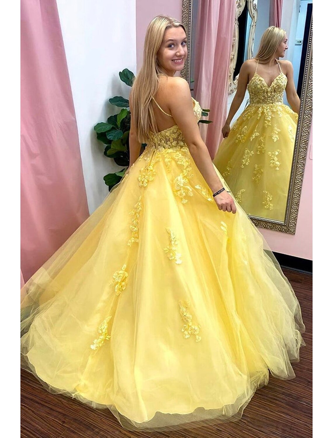 Ball Gown Prom Dresses Princess Dress Formal Floor Length Sleeveless V Neck Tulle Backless with Pleats