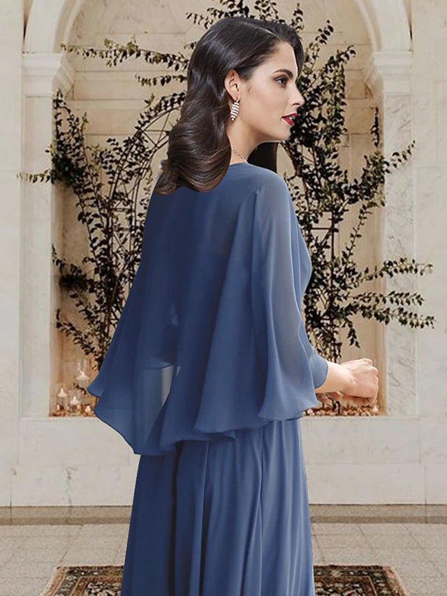 A-Line Mother of the Bride Dress Elegant V Neck Floor Length Chiffon Half Sleeve with Crystal