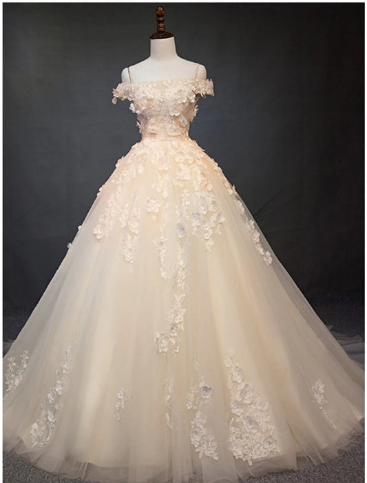 Engagement Vintage Formal Wedding Dresses Ball Gown Off Shoulder Cap Sleeve Cathedral Train Lace Bridal Gowns With Pearls