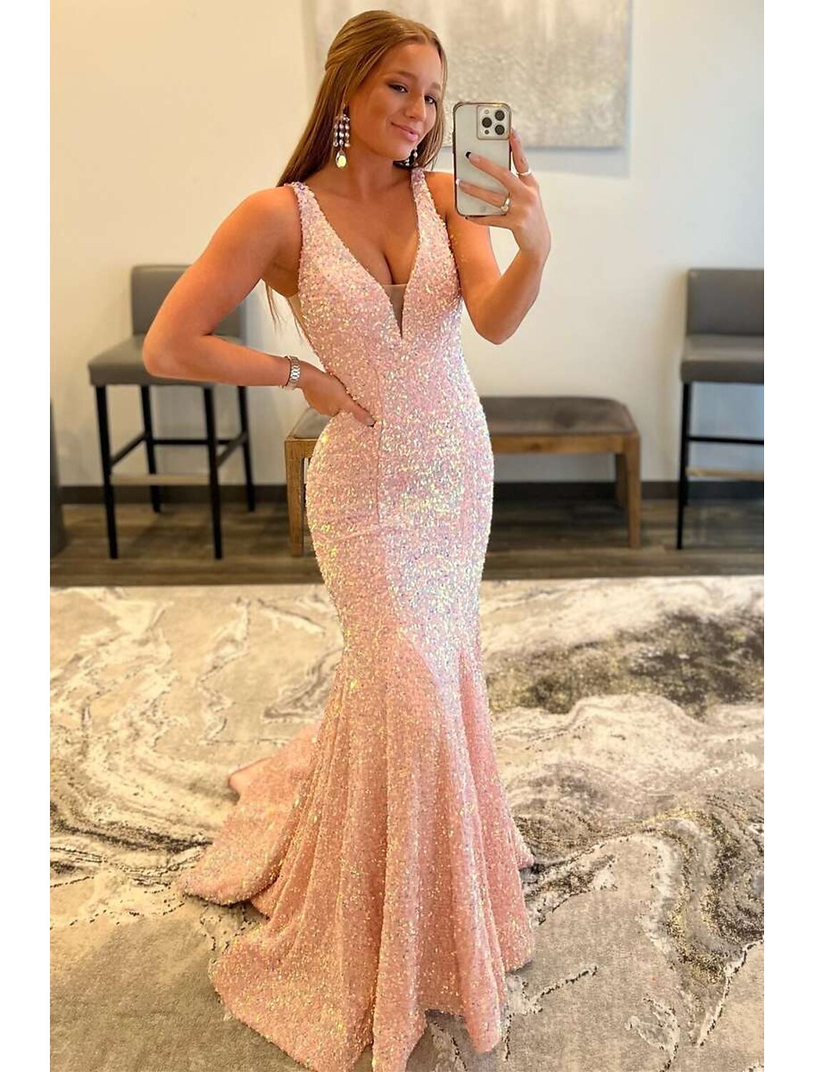 Mermaid / Trumpet Prom Dresses Sparkle &amp; Shine Dress Formal Sweep / Brush Train Sleeveless V Neck Sequined Backless