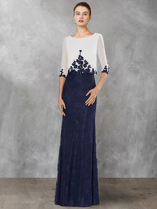 Two Piece Sheath / Column Mother of the Bride Dress Wedding Guest Vintage Elegant Jewel Neck Floor Length Chiffon Lace Half Sleeve with Appliques Color