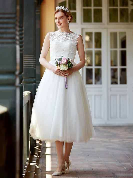Little White Dresses Wedding Dresses Tea Length A-Line Sleeveless Illusion Neck Lace With Sashes / Ribbons