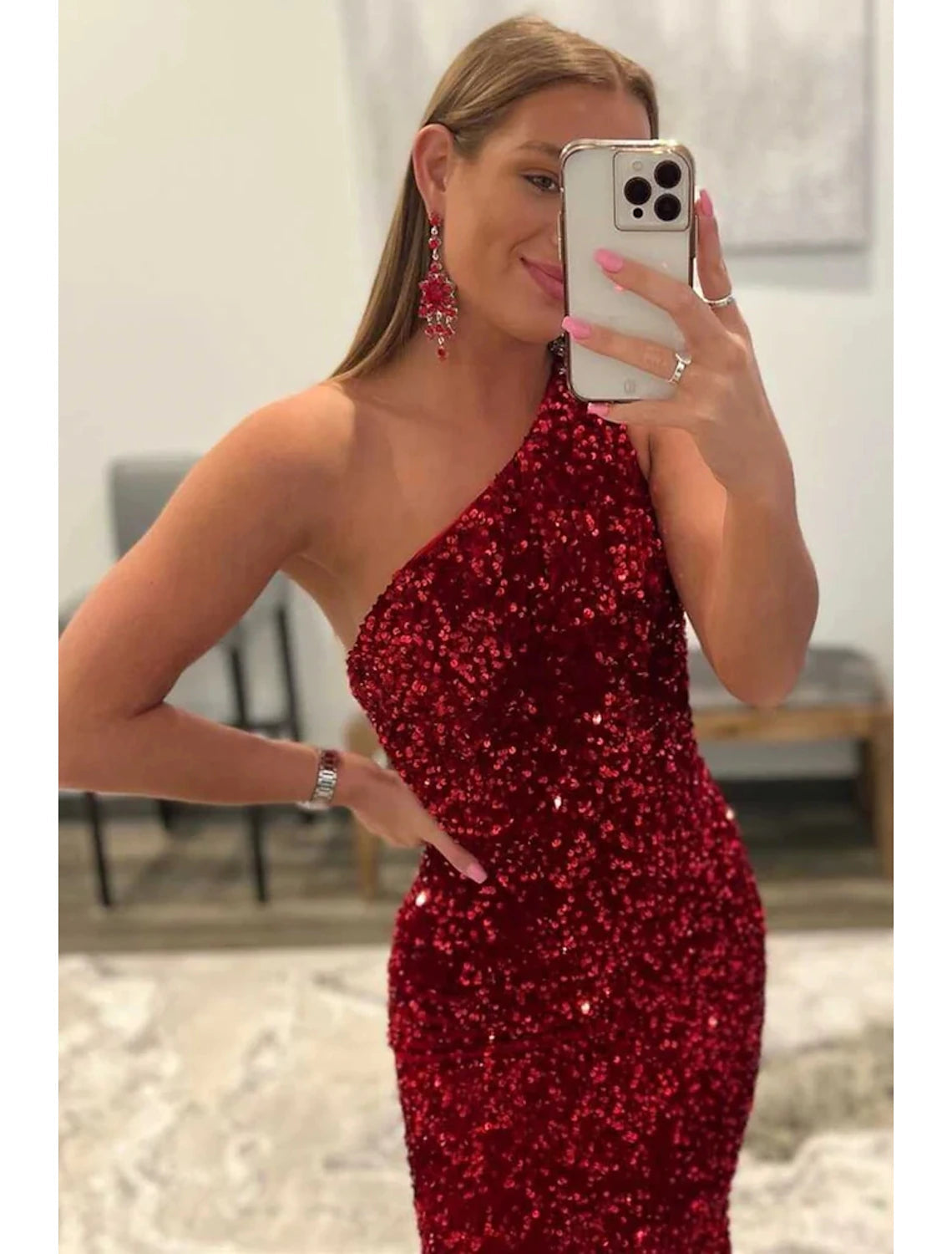 Mermaid / Trumpet Prom Dresses Sexy Dress Formal Floor Length Sleeveless One Shoulder Sequined Backless