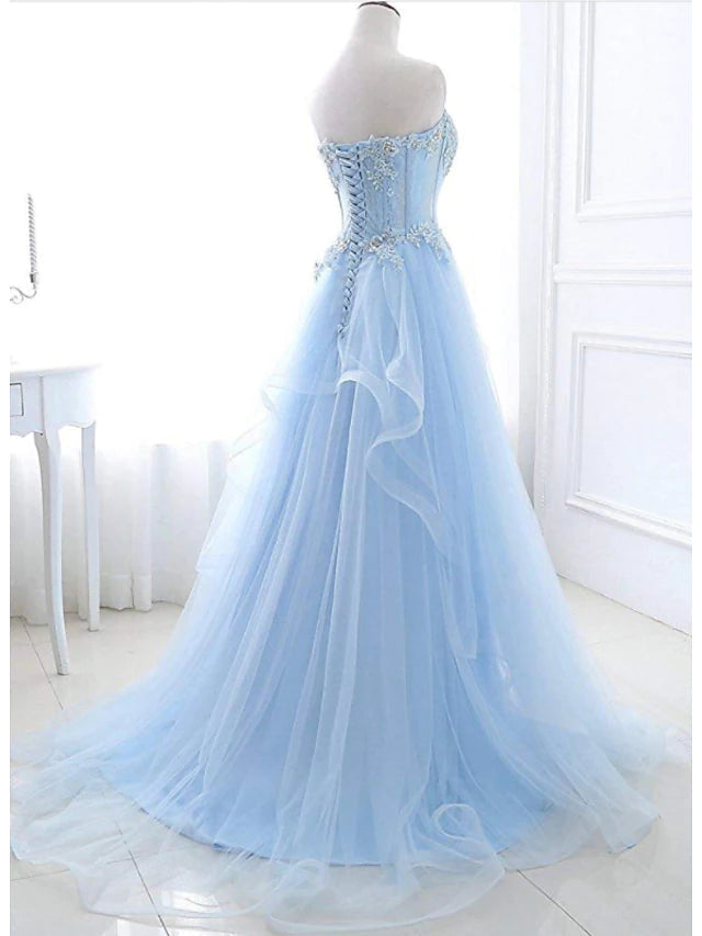 A-Line Sexy Floral Engagement Prom Birthday Dress Strapless Sleeveless Sweep / Brush Train Lace with Pleats