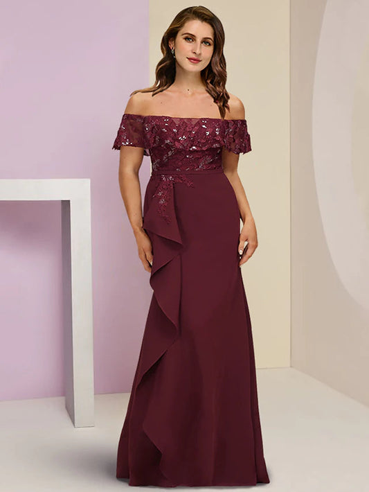 Plus Size Curve Mother of the Bride Dress Wedding Guest Party Elegant Off Shoulder Floor Length Chiffon Lace Short Sleeve with Sequin