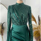 Sheath Formal Dress Evening Gown Christmas Red Green Dress Formal Sweep / Brush Train Long Sleeve Jewel Neck Satin with Pleats Ruched