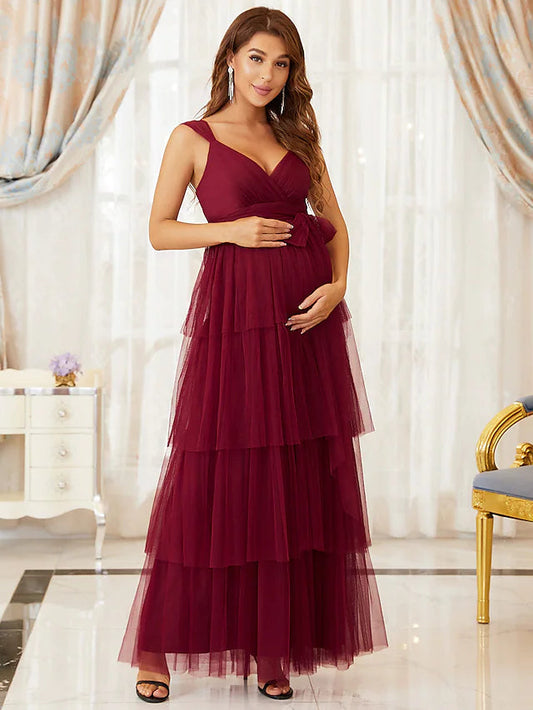 A-Line Maternity Cute Formal Evening Dress V Neck Sleeveless Floor Length Tulle with Tier