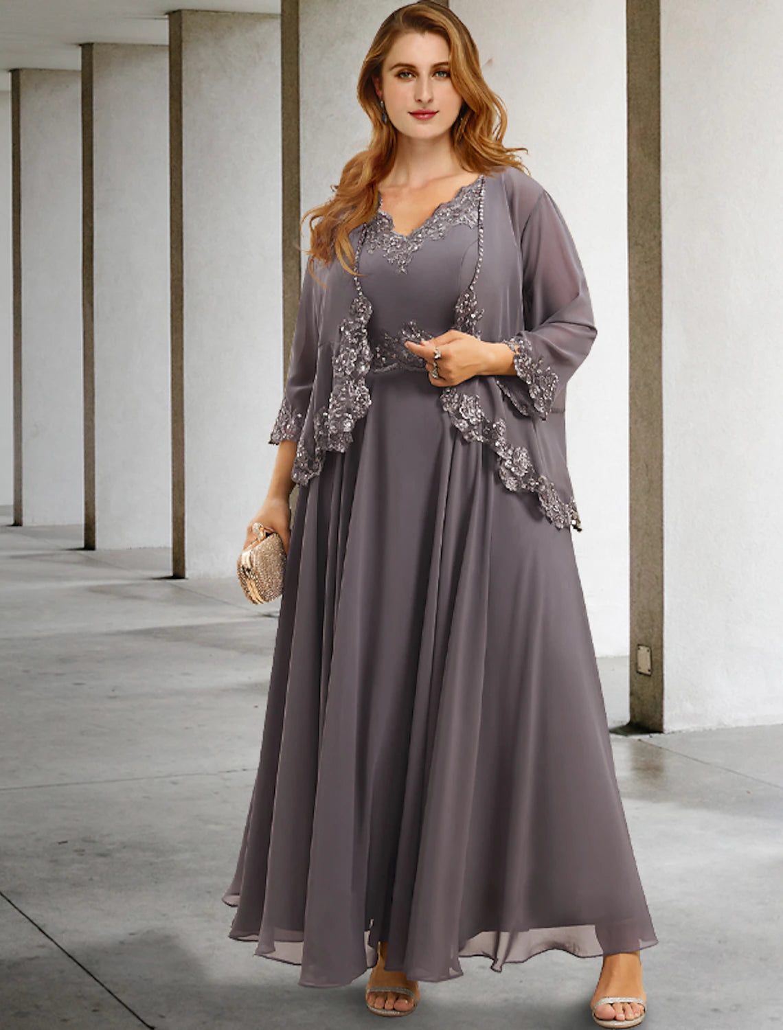 Two Piece A-Line Wedding Guest Dresses Plus Size Hide Belly Elegant Dress Formal Tea Length Sleeveless V Neck Chiffon