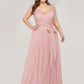 A-Line Bridesmaid Dress V Neck Sleeveless Plus Size Floor Length Tulle with Bow(s) / Ruching