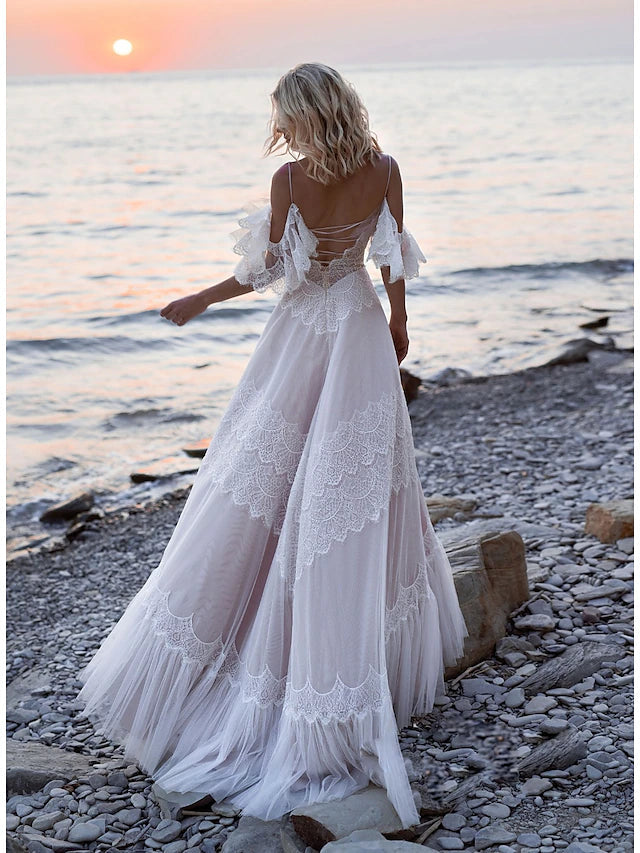 Beach Open Back Boho Wedding Dresses Sweep / Brush Train A-Line Short Sleeve V Neck Lace