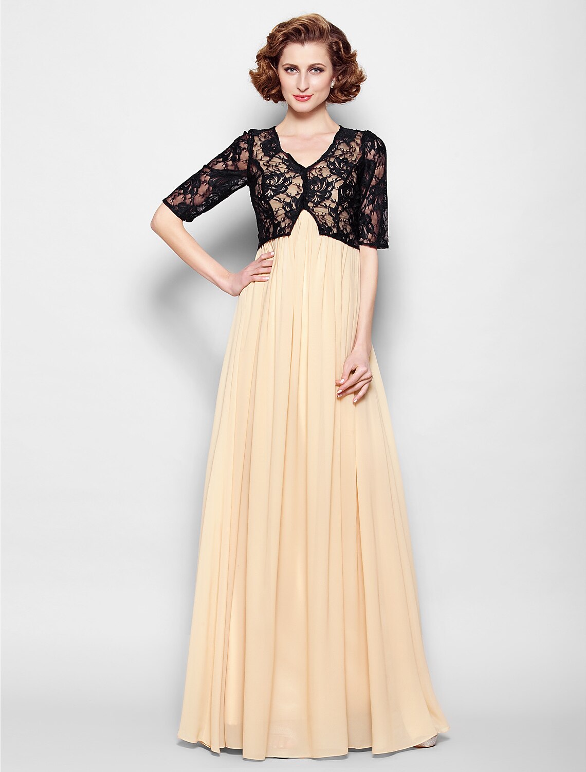 A-Line Mother of the Bride Dress Wrap Included V Neck Floor Length Chiffon Lace Half Sleeve yes