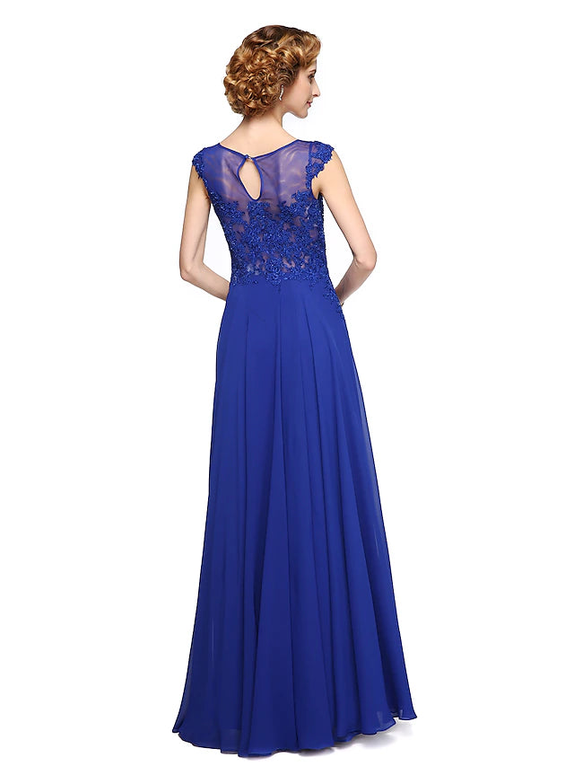 A-Line Mother of the Bride Dress Elegant Jewel Neck Ankle Length Chiffon Lace Sleeveless