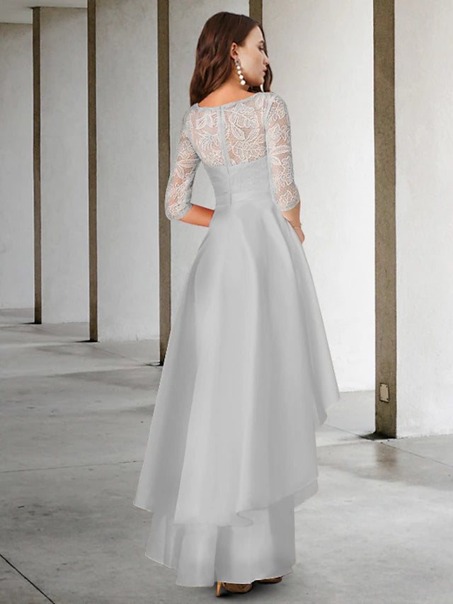 A-Line Mother of the Bride Dress Elegant High Low Jewel Neck Asymmetrical Chiffon Lace Half Sleeve with Appliques Cascading