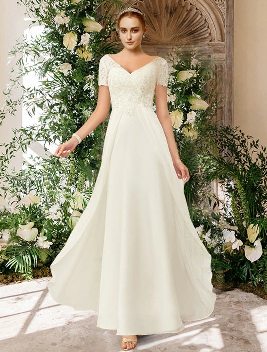 Beach Wedding Dresses A-Line V Neck Short Sleeve Floor Length Chiffon Bridal Gowns With Pleats