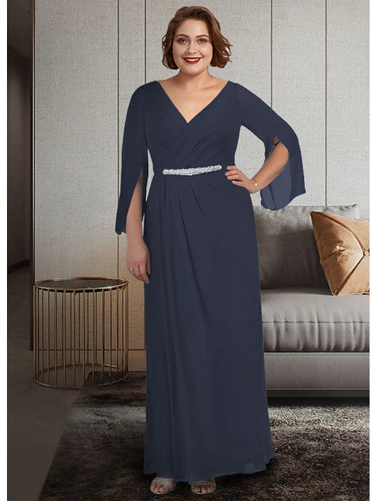 A-Line Mother of the Bride Dress Plus Size Elegant V Neck Ankle Length Chiffon 3/4 Length Sleeve with Sash / Ribbon