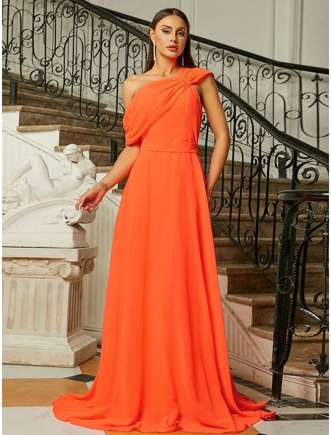 A-Line Evening Gown Elegant Dress Formal Fall Sweep / Brush Train Short Sleeve One Shoulder Stretch Fabric with Pleats