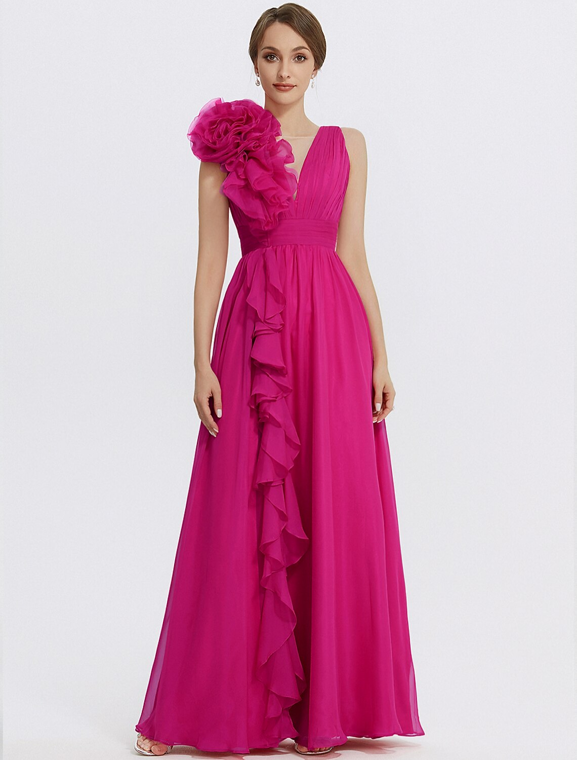 A-Line Evening Gown Floral Dress Formal Wedding Guest Floor Length Sleeveless V Neck Chiffon with Ruched