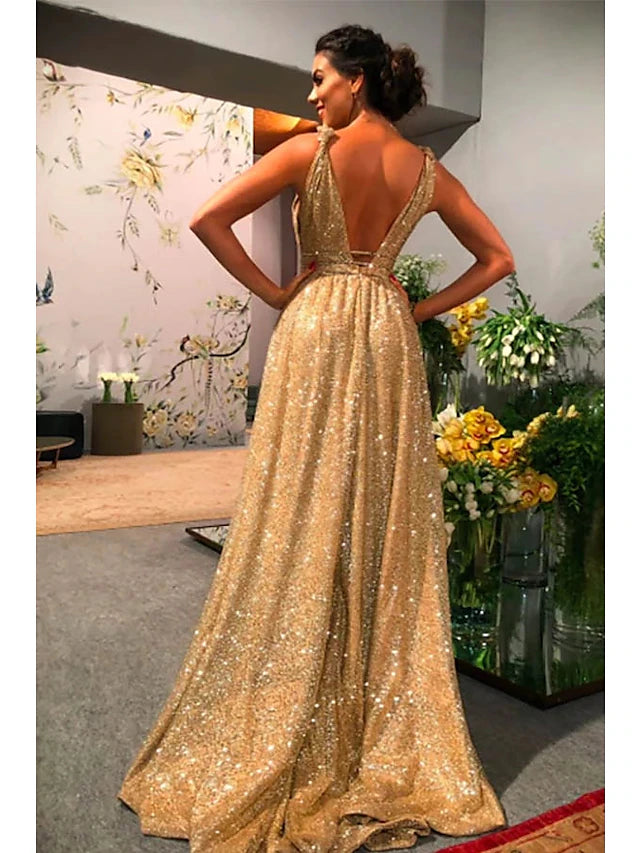 A-Line Prom Dresses Glittering Dress Evening Party Sweep / Brush Train Sleeveless Spaghetti Strap Stretch Satin Backless