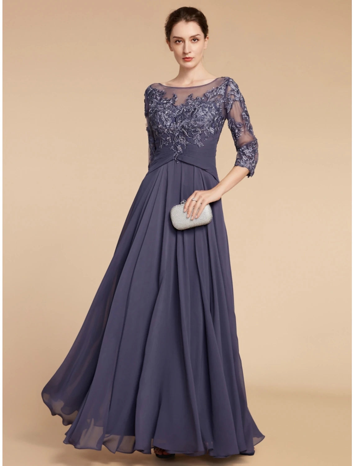 A-Line Mother of the Bride Dress Wedding Guest Elegant Scoop Neck Floor Length Chiffon Lace 3/4 Length Sleeve with Ruching