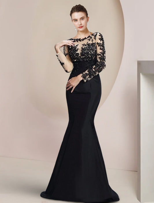 Mermaid / Trumpet Mother of the Bride Dress Formal Wedding Guest Party Elegant Jewel Neck Floor Length Satin Lace Long Sleeve