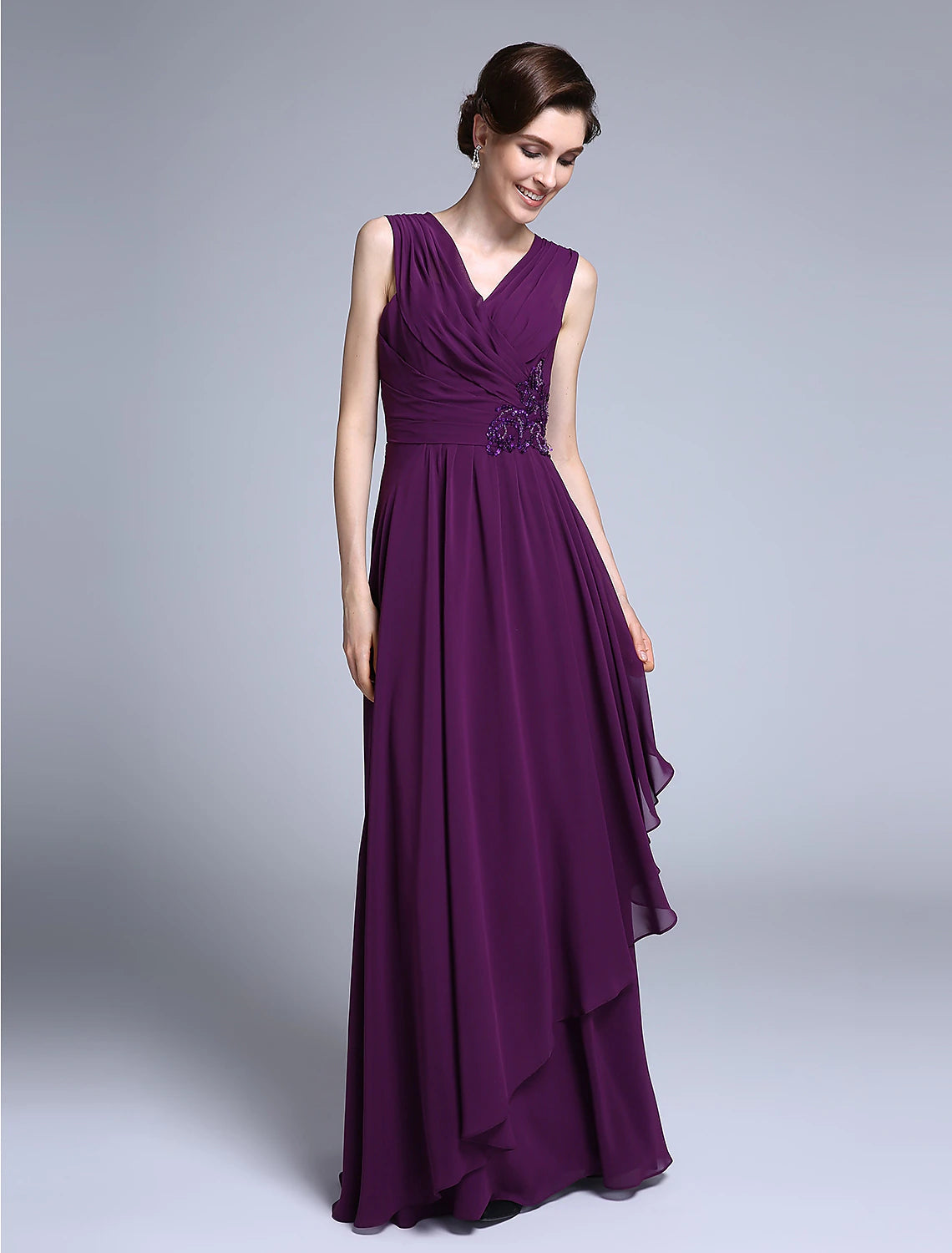 Sheath / Column Mother of the Bride Dress Elegant V Neck Floor Length Chiffon Sleeveless No with Criss Cross