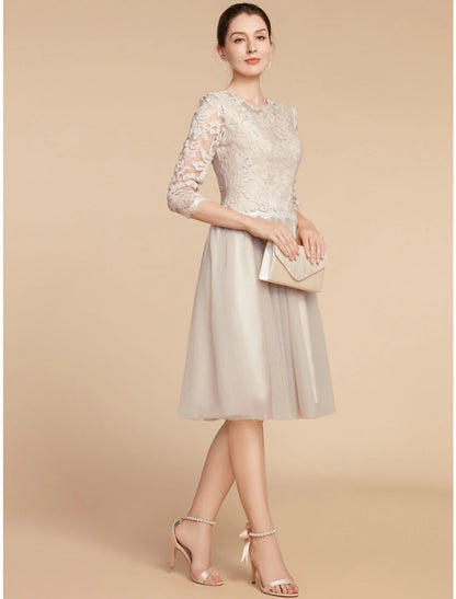 A-Line Mother of the Bride Dress Wedding Guest Elegant Petite Jewel Neck Knee Length Lace Tulle Half Sleeve with Pleats