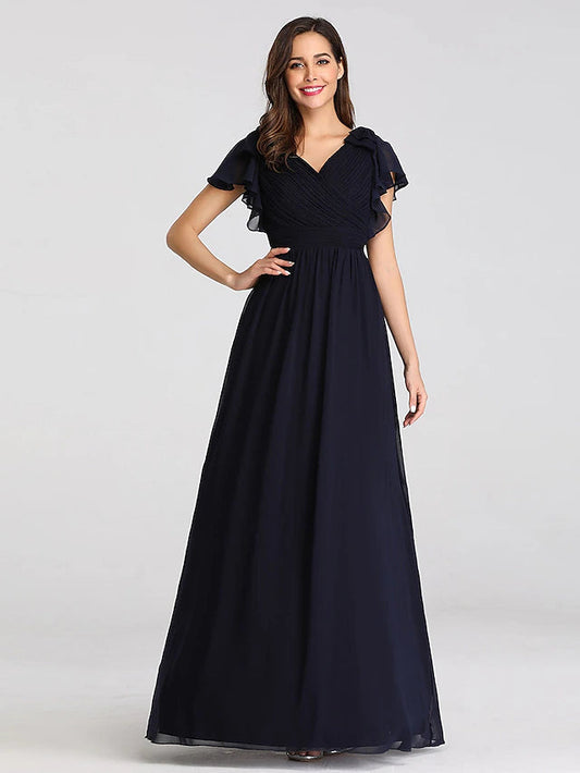 A-Line Mother of the Bride Dress Plus Size V Neck Floor Length Chiffon Short Sleeve with Ruffles