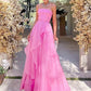 Hot Pink A Line Strapless Organza Prom Dress Off Shoulder Long