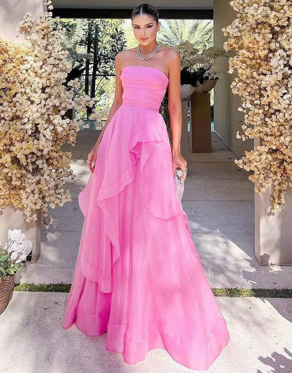 Hot Pink A Line Strapless Organza Prom Dress Off Shoulder Long